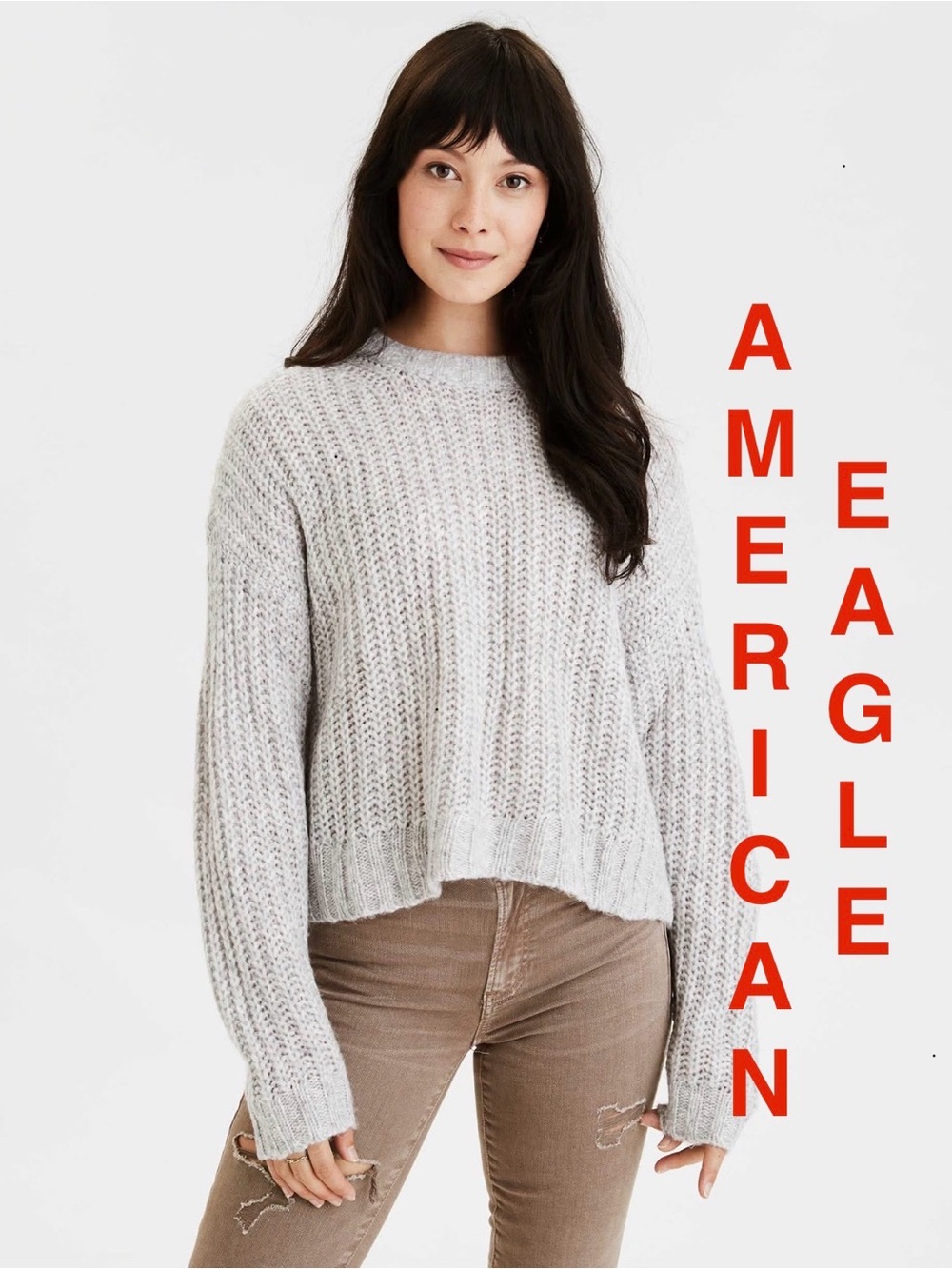 American Eagle | Gray Crop Box cut Cable Knit Crewneck Sweater - Women’s Small